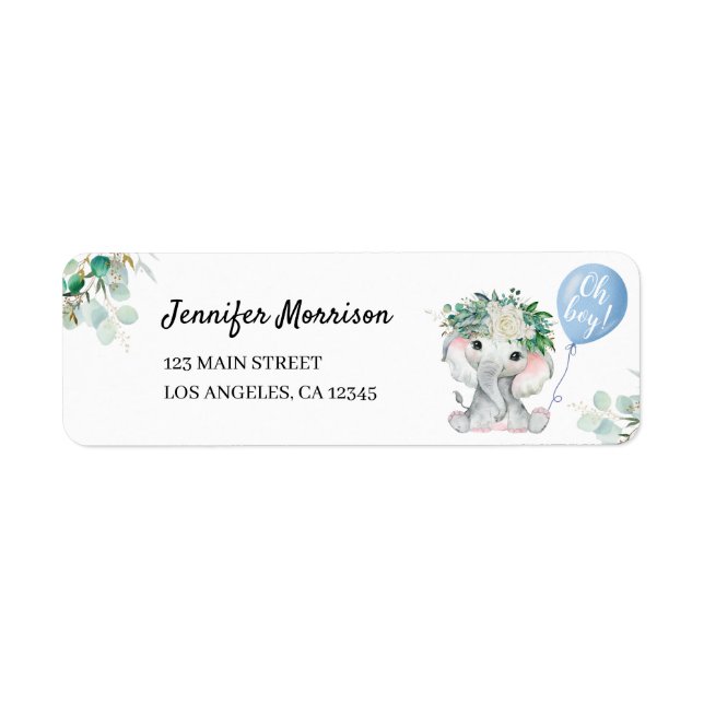 Etiqueta Elephant Blue Balloon Oh Boy Baby Shower Address (Frente)