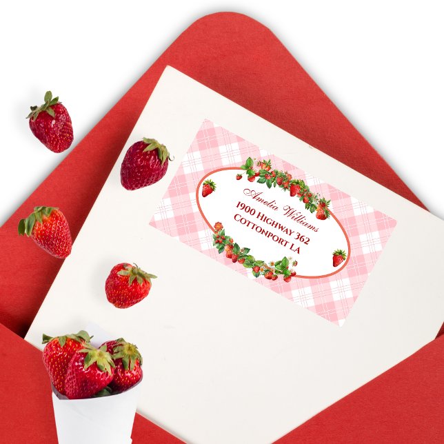 Etiqueta Encantador Strawberry Pink Gingham Baby Shower (Subido por el creador)