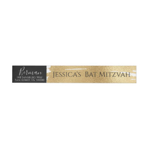 Etiqueta Envolvente De Dirección Bar BM o Bat Mitzvah Elegant Gold & Black
