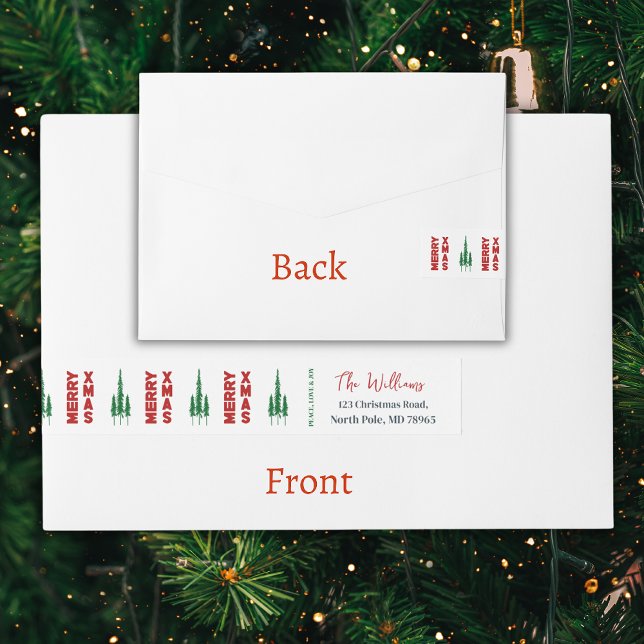 Etiqueta Envolvente De Dirección Feliz Navidad | Pine Trees (Elevate your holiday mailings with this eye-catching wrap-around Christmas address label. Order now!)