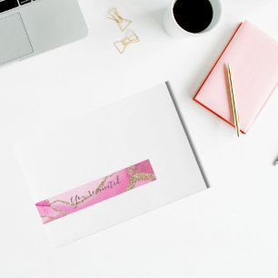 Etiqueta Envolvente De Dirección Piedra de Ágata Rosa Elegante con Brillo Dorado pa