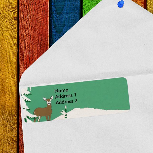 Etiqueta Escena De Invierno De Nieve De Venado (Return address label with white face female deer in snow by pine tree.)