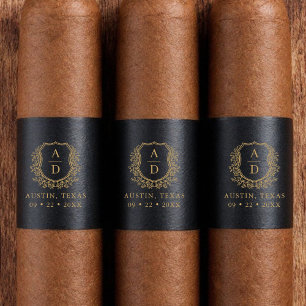 Etiqueta Escudo de oro negro Monograma Boda Cigar Banda