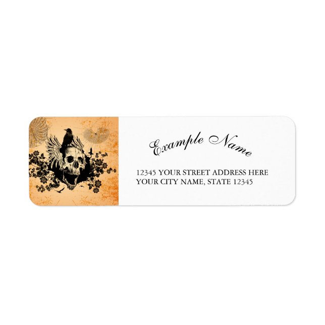 Etiqueta Espectacular cráneo con alas y cuervo (Frente)