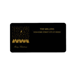 Etiqueta Espeluznante árbol de Navidad dorado, luna, estrel