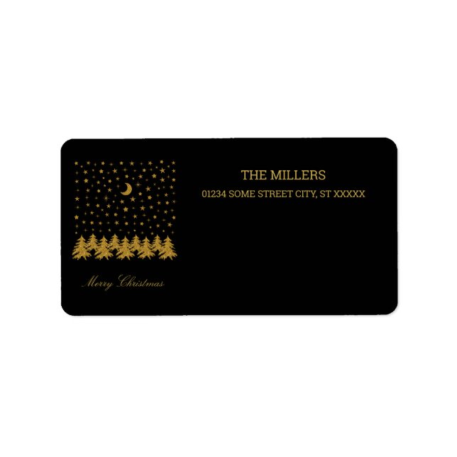 Etiqueta Espeluznante árbol de Navidad dorado, luna, estrel (Frente)