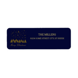 Etiqueta Espeluznante árbol de Navidad dorado, luna, estrel