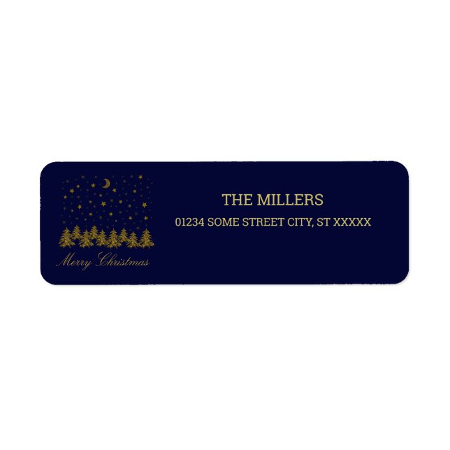 Etiqueta Espeluznante árbol de Navidad dorado, luna, estrel (Frente)