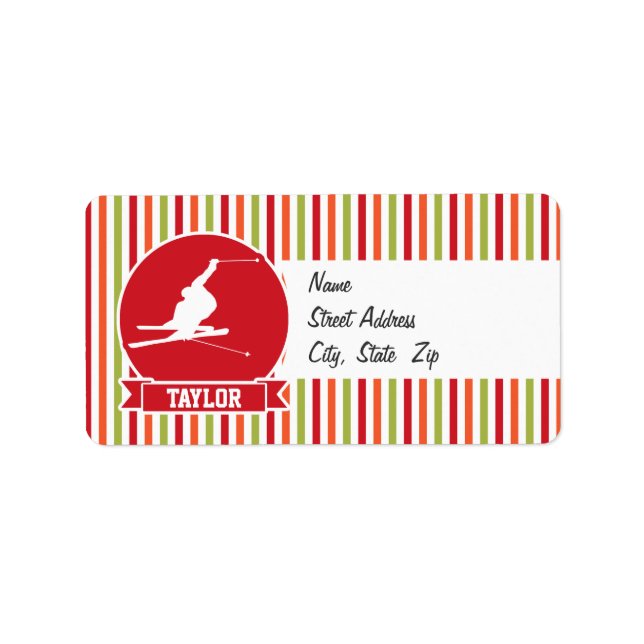 Etiqueta Esquí de nieve, esquí, rojo, Naranja, franjas verd (Frente)