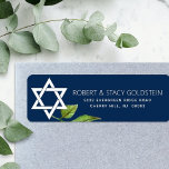 Etiqueta Estrella de David Floral de Navy Blue Bat Mitzvah<br><div class="desc">Estar orgulloso, regocijarse y mostrar este hito de su Bat Mitzvah favorito con esta sofisticada y personalizada etiqueta de dirección de retorno! Una estrella blanca de David, una hoja de acuarela y una moderna serif san dominan un fondo azul marino. Personalice el texto del personalizado con su nombre y dirección....</div>