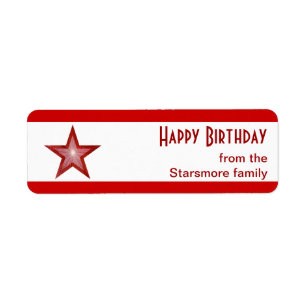 Etiqueta Estrella roja estriba el texto 'Cumpleaños feliz',