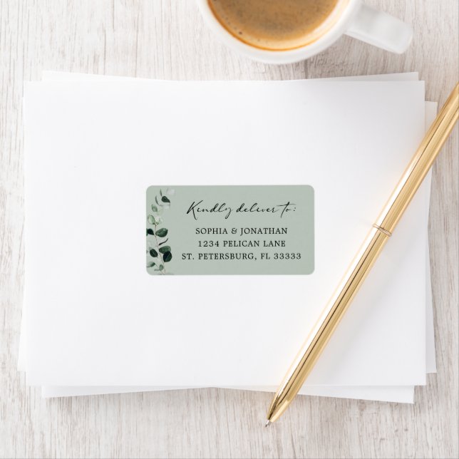 Etiqueta Eucalyptus Calligraphy Sage Wedding RSVP Mailing (In situ)
