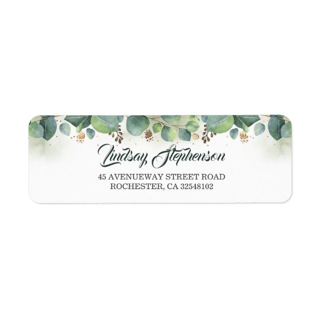 Etiqueta Eucalyptus Greenery y Gold Boda (Frente)