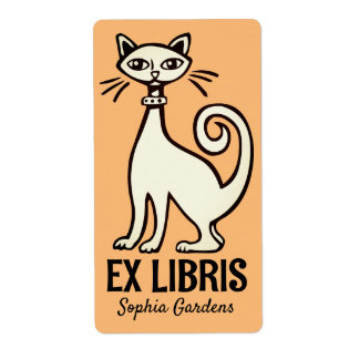Etiqueta Ex Libris - Gato retro - Naranja pálido