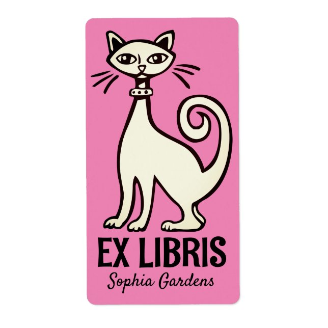 Etiqueta Ex Libris - Gato Retro - Rosa (Frente)