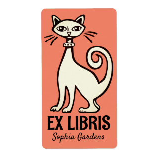 Etiqueta Ex Libris - Gato retro - Salmón