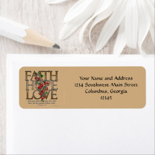 Etiqueta Faith Hope Love, floral design with Bible Verse
