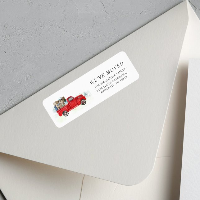 Etiqueta Familia Nueva dirección de devolución de camiones  (Announcement Red Truck Modern Return Address Label)