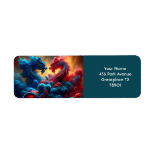 Etiqueta Fantasía Cute Dragones Azules Rojos