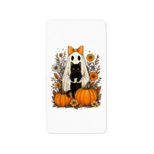 Etiqueta Fantasma de Halloween sostiene gato negro