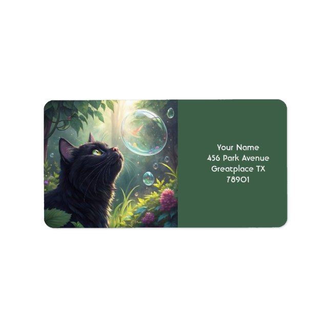 Etiqueta Fantasy Cute Black Cat Forest (Frente)