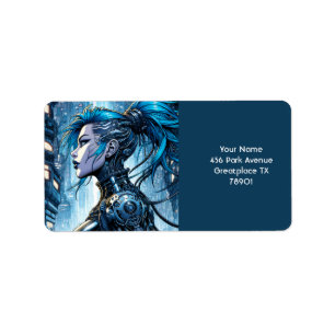 Etiqueta Fantasy Cute Blue Cyborg Chica