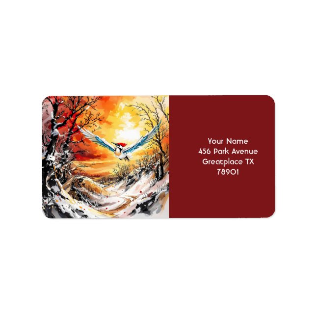 Etiqueta Fantasy Cute Forest Woodpecker Sunset (Frente)