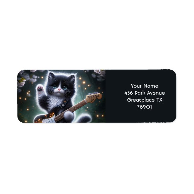 Etiqueta Fantasy Cute Kitten Tocando Guitarra (Frente)