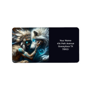 Etiqueta Fantasy Cute Man abrazando al lobo