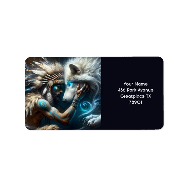 Etiqueta Fantasy Cute Man abrazando al lobo (Frente)