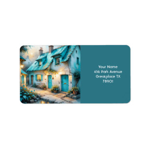 Etiqueta Fantasy Cute Old Blue House