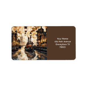 Etiqueta Fantasy Cute River Boat Bridge