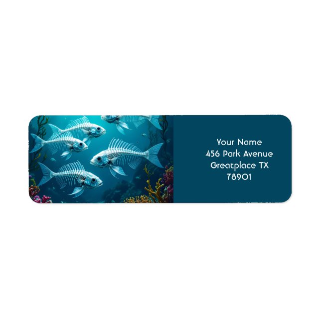 Etiqueta Fantasy Cute Skeleton Fish School (Frente)