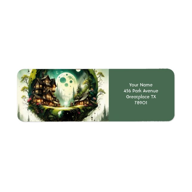 Etiqueta Fantasy Cute Vivid Tree House Moon (Frente)