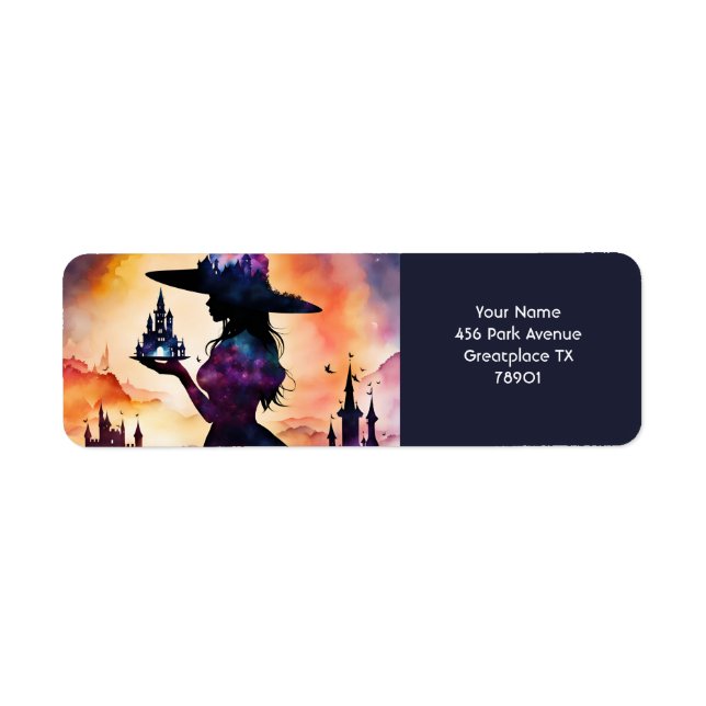 Etiqueta Fantasy Cute Vivid Witch Doble Exposición (Frente)