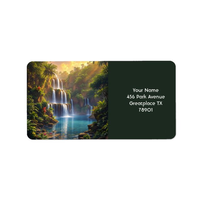 Etiqueta Fantasy Cute Waterfall Sunset Jungle (Frente)