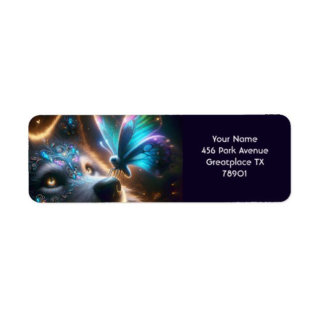Etiqueta Fantasy Cute Wolf Butterfly Space (Frente)