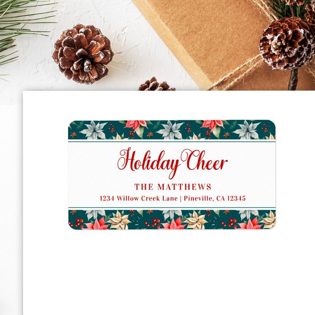 Etiqueta Farmhouse Poinsettia Teal Rustic Holiday Cheer (Subido por el creador)