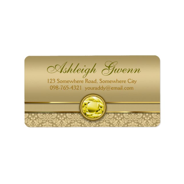 Etiqueta Faux Citrine Yellow Gemstone Metallic Gold Damask (Frente)
