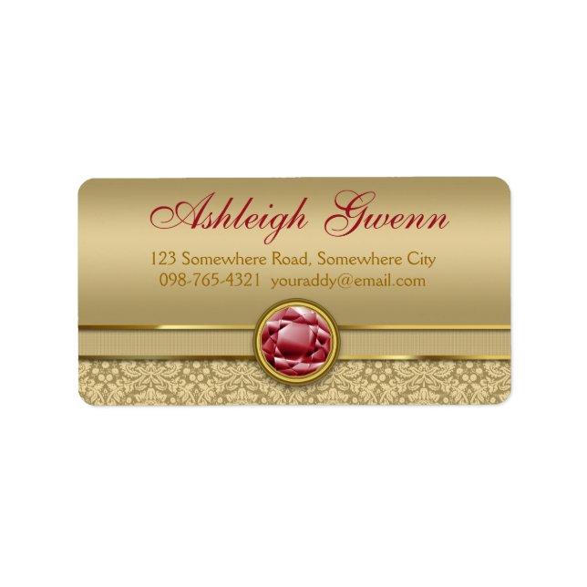 Etiqueta Faux Dark Ruby Red Gemstone Metallic Gold Damask (Frente)