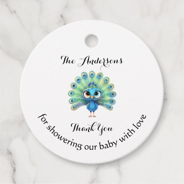 Etiqueta favorita Baby Shower de pavo real azul (Anverso)