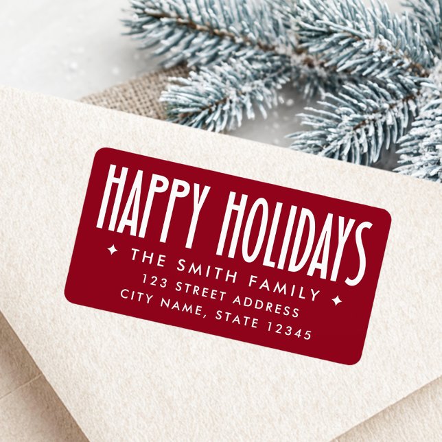 Etiqueta Felices Fiestas dirección de devolución rojo inten (Happy Holidays deep red return address Label)