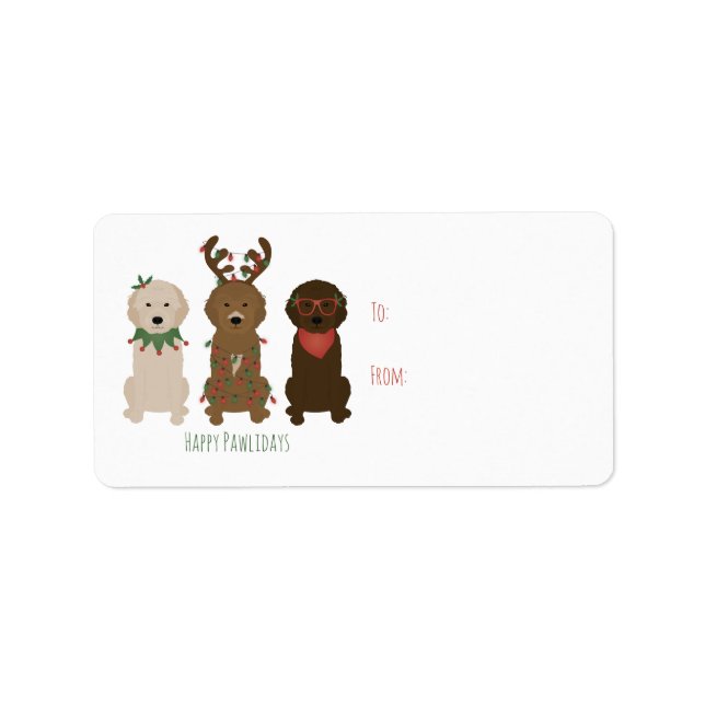 Etiqueta Felices Pawlidays Luces de Navidades Goldendoodle (Frente)