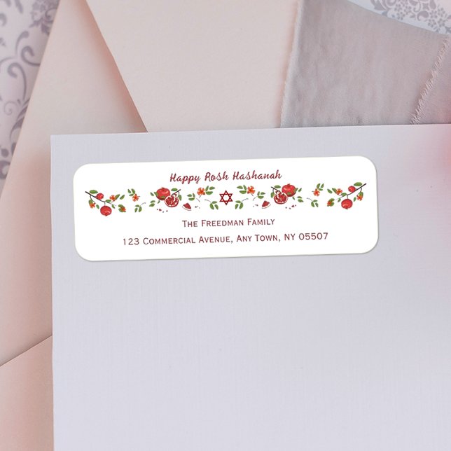 Etiqueta Felices Rosh Hashanah Judía Año Nuevo Pomegranías (Personalized return address label for the Jewish New Year,  Rosh Hashanah, featuring pomegranates.)