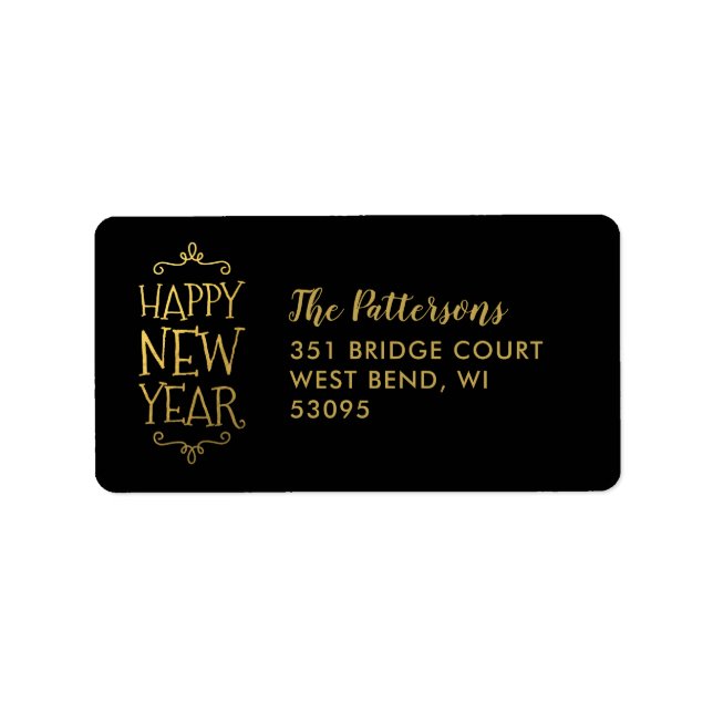 Etiqueta Feliz Año Nuevo Faux Relieve metalizado dirección  (Frente)