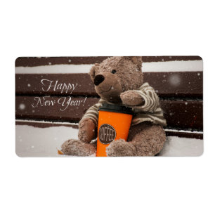 Etiqueta Feliz Año Nuevo. Oso de peluche