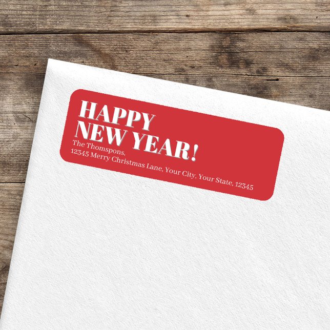 Etiqueta Feliz Año Nuevo rojo y blanco (Happy New Year custom return address label.)