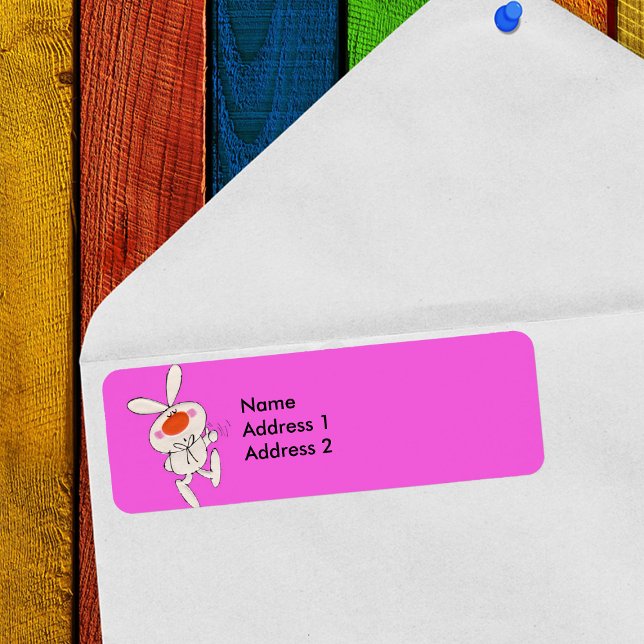 Etiqueta Feliz baile lindo conejo blanco (Cartoon white bunny thumbs up sign bow tie on bright pink return address labels.)