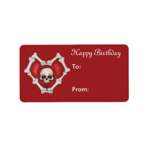 Etiqueta Feliz cumpleaños corazón rojo de huesos con cráneo