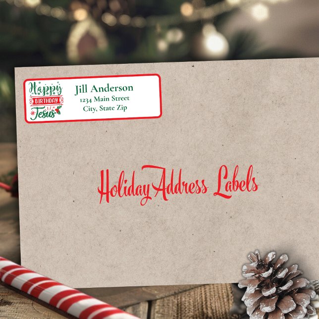 Etiqueta Feliz cumpleaños, Navidades Jesús, dirección de re (Happy Birthday Jesus Christmas Return Address Label)